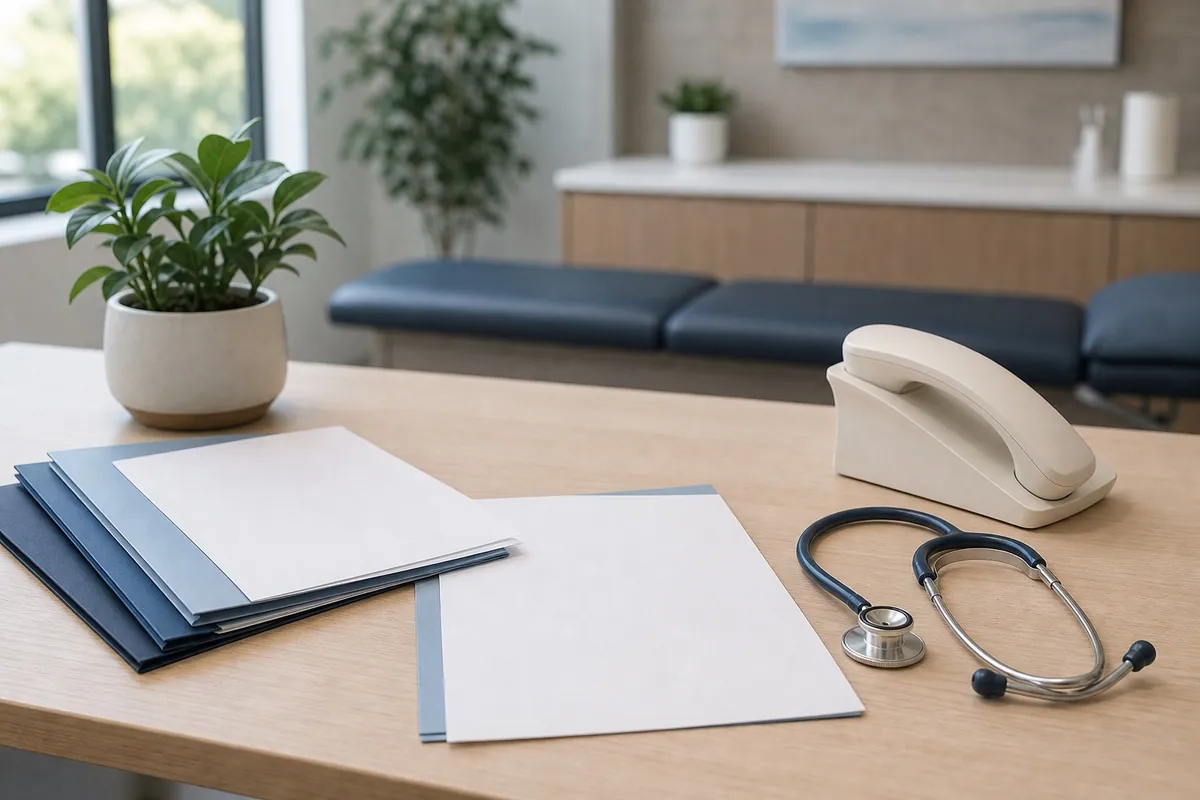 Blank clinical notes and folders arranged on a desk