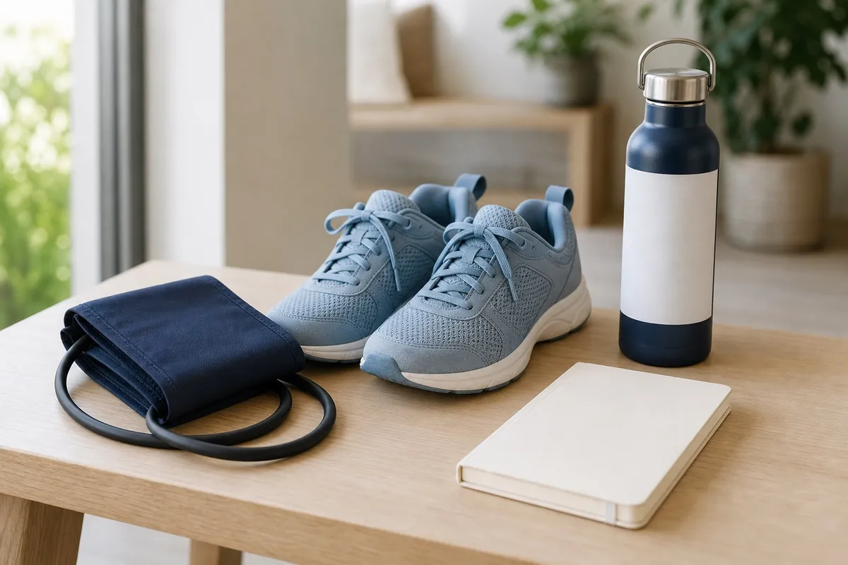 A blood pressure cuff and notebook on a clinic bench